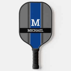 Dicke Monogramm & Name Deep Blue Gray & Blk. Strei Pickleball Schläger