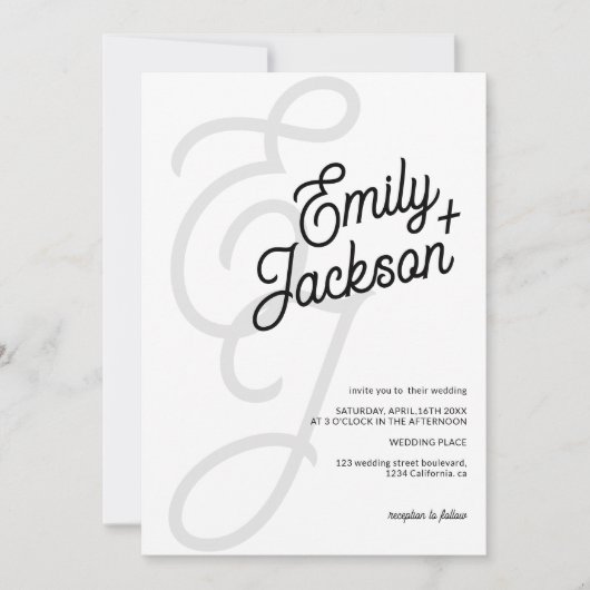 Dicke monogramm Pinselnamen schwarz qr Code Hochze Einladung (Vorderseite)