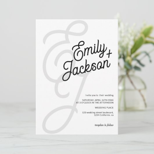 Dicke monogramm Pinselnamen schwarz qr Code Hochze Einladung (Stehend Vorderseite)