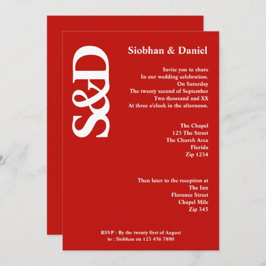 Dicke Monogramm Rot und Weiß Hochzeit Einladung (Vorne/Hinten)