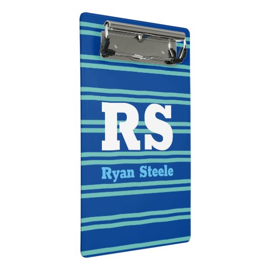 Dicke Monogramm und Name, Aquamarine Linien auf De Mini Klemmbrett (Schrägansicht)