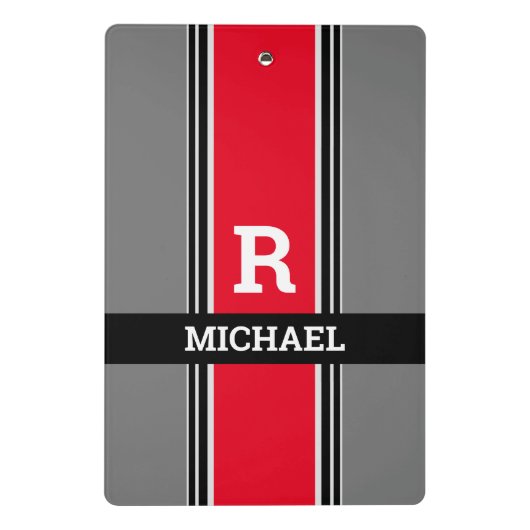 Dicke Monogramm und Name, rote, graue und schwarze Mini Klemmbrett (Rückseite)