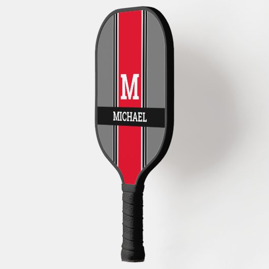 Dicke Monogramm und Name, rote, graue und schwarze Pickleball Schläger (Links)