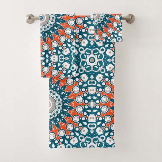 Dicke Orange & Aquamarin Mandala Geometrisches Tot Badhandtuch Set (Insitu)