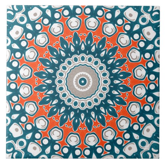 Dicke Orange & Aquamarin Mandala Geometrisches Tot Fliese (Vorderseite)