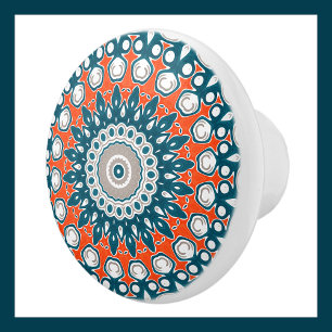 Dicke Orange & Aquamarin Mandala Geometrisches Tot Keramikknauf
