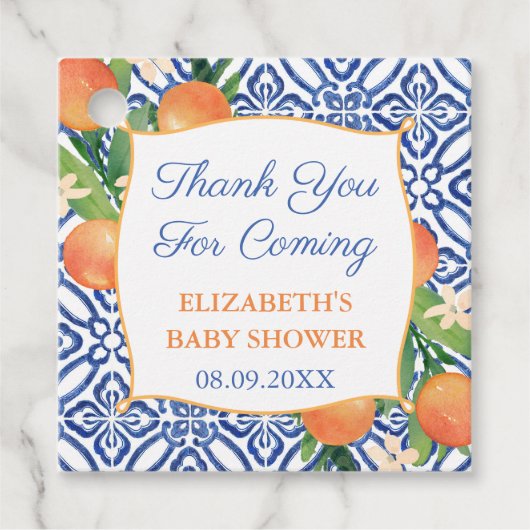 Dicke Orange Citrus Blue Tile Bridal oder Babydusc Geschenkanhänger (Vorderseite)