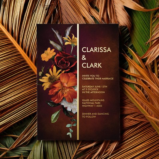 Dicke Orange Rust Fall Floral Moderne Hochzeit Folieneinladung