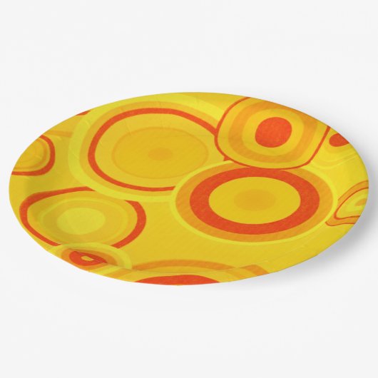 Dicke Retro-Teller aus Papier - Gelb und Orange Pappteller (Schrägansicht)