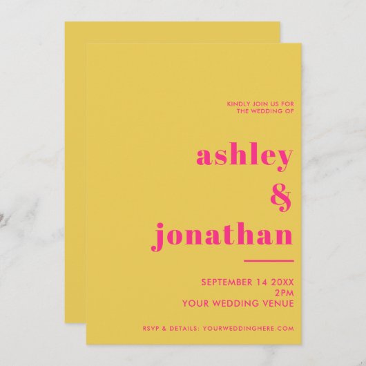 Dicke rosa gelbe Typografie Moderne Hochzeit Einladung (Vorne/Hinten)