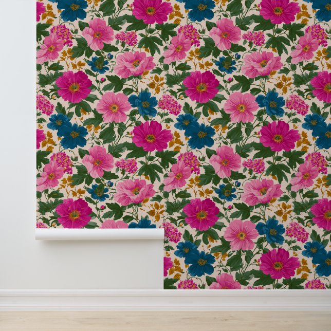 Dicke rosa und blaue Floral auf Cream Maximalist Tapete (Anwendung)