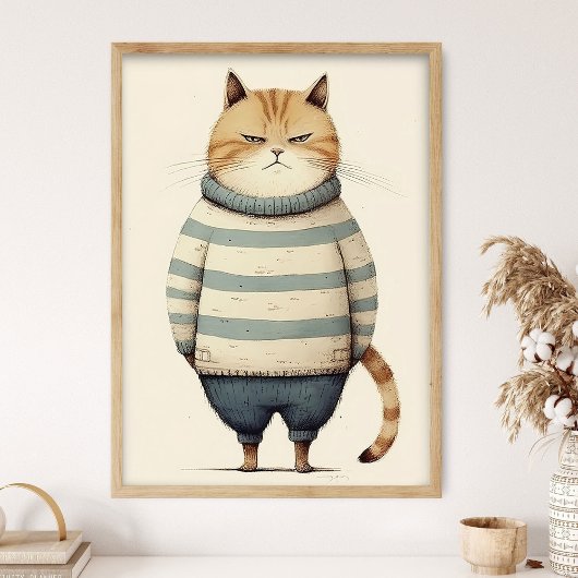 Dicke rote Katze in blauem Pullover, lustige Katze Poster