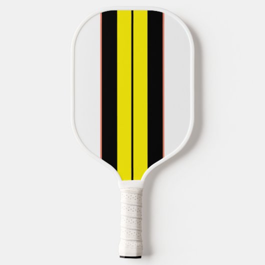 Dicke schwarz-gelb-gelbe Streifen auf weiß Pickleball Schläger (Rückseite)