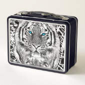 Dicke schwarz-weiß blaue Augen Tiger Metall Brotdose (Rückseite)