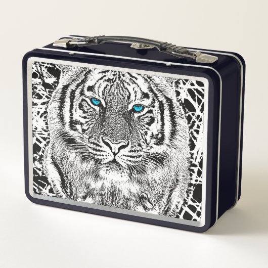 Dicke schwarz-weiß blaue Augen Tiger Metall Brotdose (Rückseite)