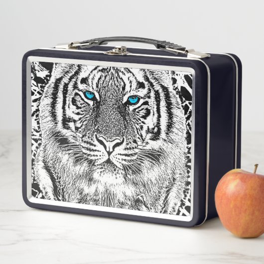 Dicke schwarz-weiß blaue Augen Tiger Metall Brotdose (Beispiel)