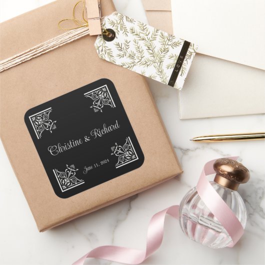 Dicke Schwarz-Weiß-Vintage-Hochzeit Quadratischer Aufkleber (Schenken)