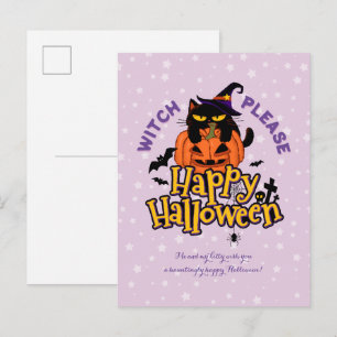 Dicke schwarze Katzenhexe bitte Frohes Halloween Feiertagspostkarte