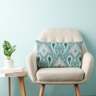 Dicke Türkis Blau Grau Ikat Tribal Art Muster Lendenkissen