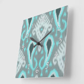 Dicke Türkis Blau Grau Ikat Tribal Art Muster Quadratische Wanduhr (Winkel)