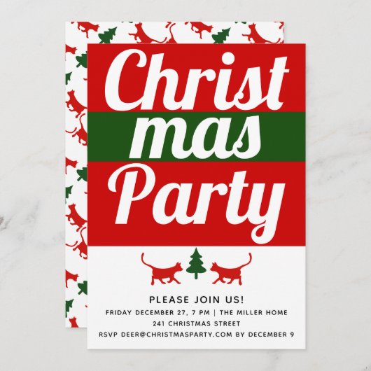 Dicke Typografie-Katze, Weihnachtsfeier am Baum Einladung (Vorne/Hinten)