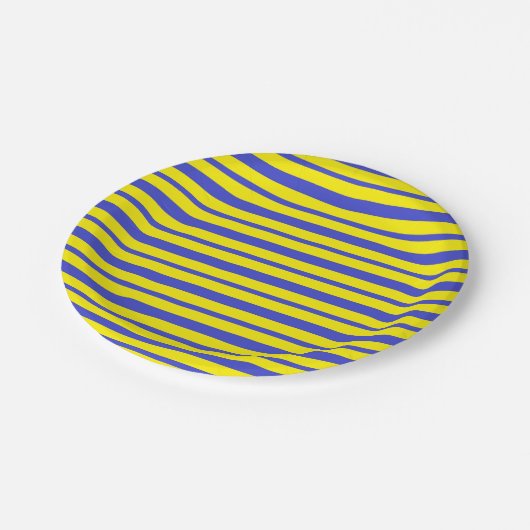 Dicke und dünne blaue und gelbe Streifen Pappteller (Schrägansicht)