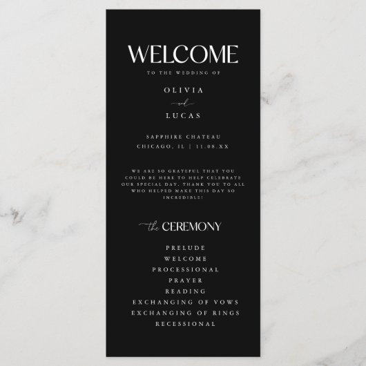 Dicke und moderne Schwarz-Weiß-Hochzeit Programm (Vorderseite)