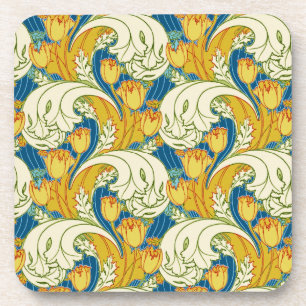 Dicke Vintage Tulip Blue Gold Green Floral Muster Getränkeuntersetzer