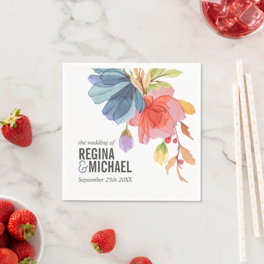 Dicke Wasserfarbenblaue Wildblumen Monogramm Hochz Serviette (Beispiel)