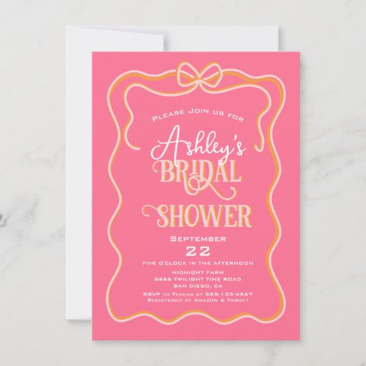 Dicke Wavy Frame Bow Rosa Orange Brautparty Einladung (Vorderseite)