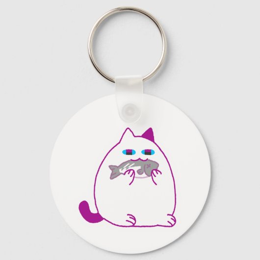 Dicke weiße Katze mit einem Fisch Schlüsselanhänger (Vorderseite)