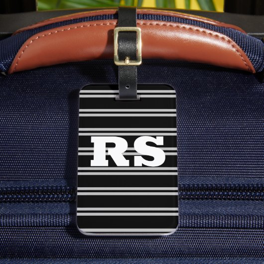 Dicke weiße Monogramm, Lt Gray Linien auf schwarz Gepäckanhänger (Vorderseite Insitu 2)
