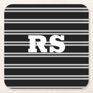 Dicke weiße Monogramm, Lt Gray Linien auf schwarz Rechteckiger Pappuntersetzer