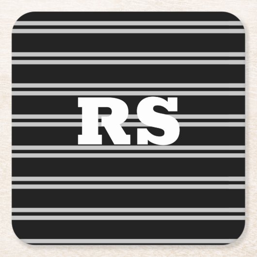 Dicke weiße Monogramm, Lt Gray Linien auf schwarz Rechteckiger Pappuntersetzer (Vorderseite)