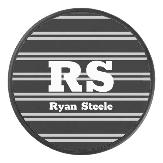 Dicke weiße Monogramm und Name, Lt Gray Lines auf Eishockey Puck (Vorderseite)