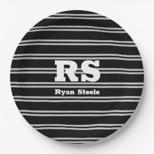 Dicke weiße Monogramm und Name, Lt Gray Lines auf  Pappteller