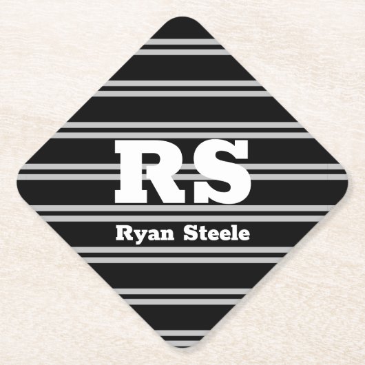 Dicke weiße Monogramm und Name, Lt Gray Lines auf  Untersetzer (Vorderseite)