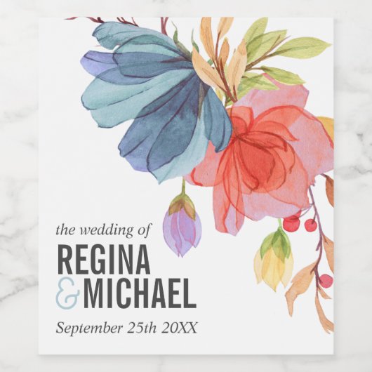 Dicke Wildblumen Aqua Monogram Wedding Weinetikett (Einzelnes Label)