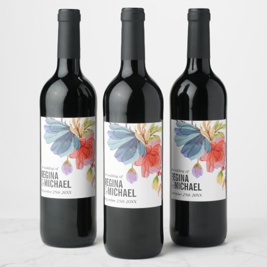 Dicke Wildblumen Blue Monogram Wedding Weinetikett (Flaschen)