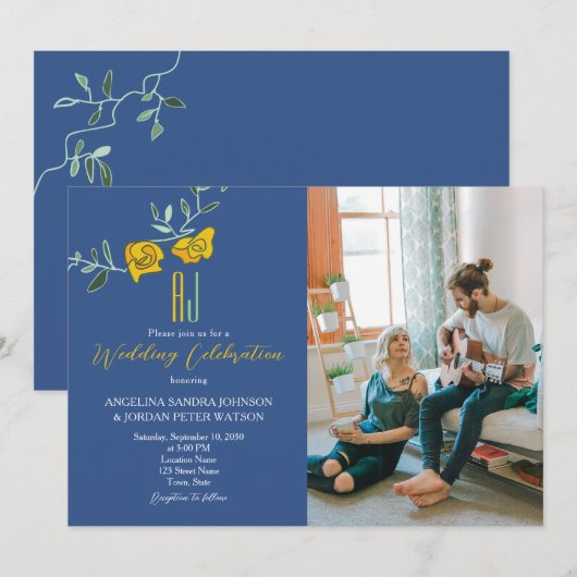Dicke Yellow Navy Blue Monogram Foto Wedding Einladung (Vorne/Hinten)