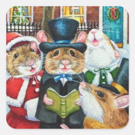 Dickens Christmas Caroling Mice Watercolor Art Quadratischer Aufkleber (Vorderseite)