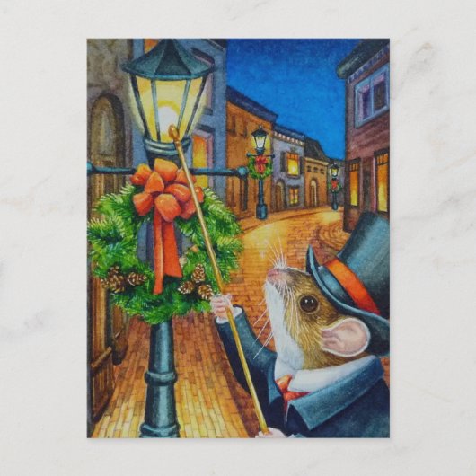 Dickens Christmas Lamplighter Maus Watercolor Art Postkarte (Vorderseite)