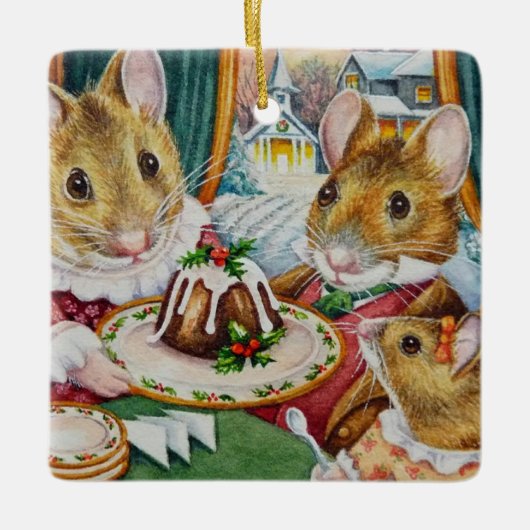 Dickens Christmas Mice Pudding Wasserfarbe Kunst Keramikornament (Vorderseite)