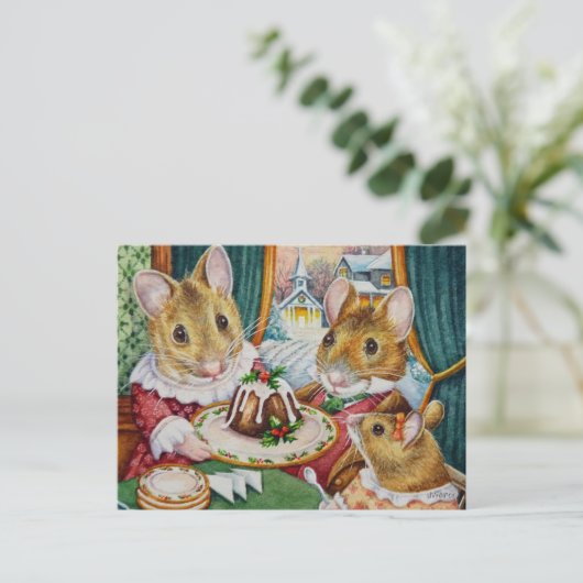 Dickens Christmas Mice Pudding Wasserfarbe Kunst Postkarte (Stehend Vorderseite)