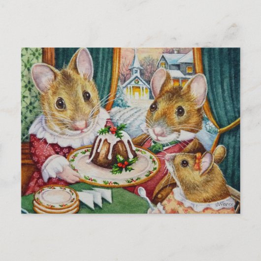 Dickens Christmas Mice Pudding Wasserfarbe Kunst Postkarte (Vorderseite)