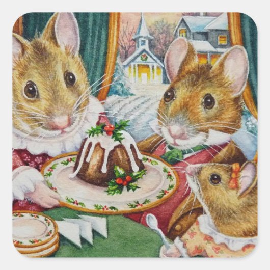 Dickens Christmas Mice Pudding Wasserfarbe Kunst Quadratischer Aufkleber (Vorderseite)