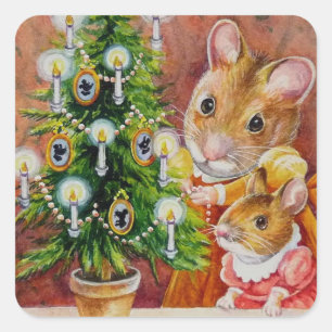 Dickens Christmas Tree Trimming Mouse Art Quadratischer Aufkleber