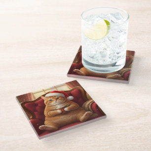 Dicker Weihnachtsmann-Kater mit Glasuntersetzer fü
