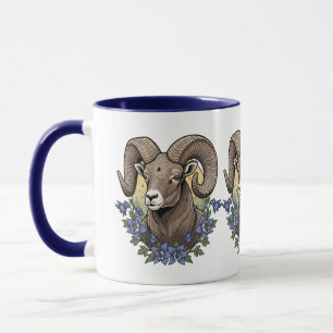 Dickhornschafe mit blauen Colorado-Akelei-Blumen Tasse