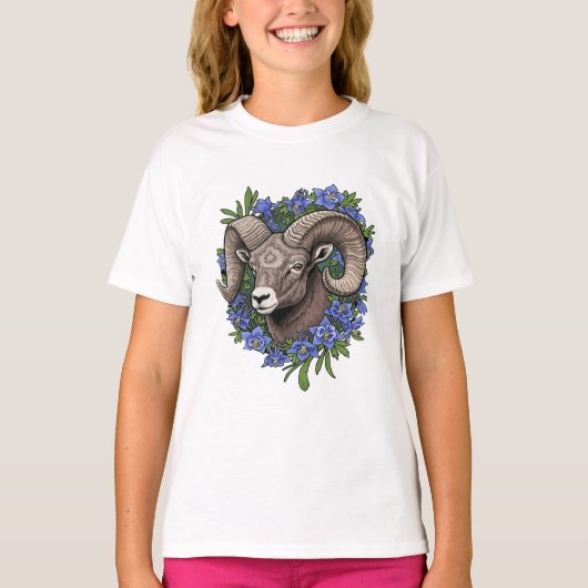 Dickhornschafe und Blaue Colorado-Akelei-Blumen T-Shirt (Vorderseite)